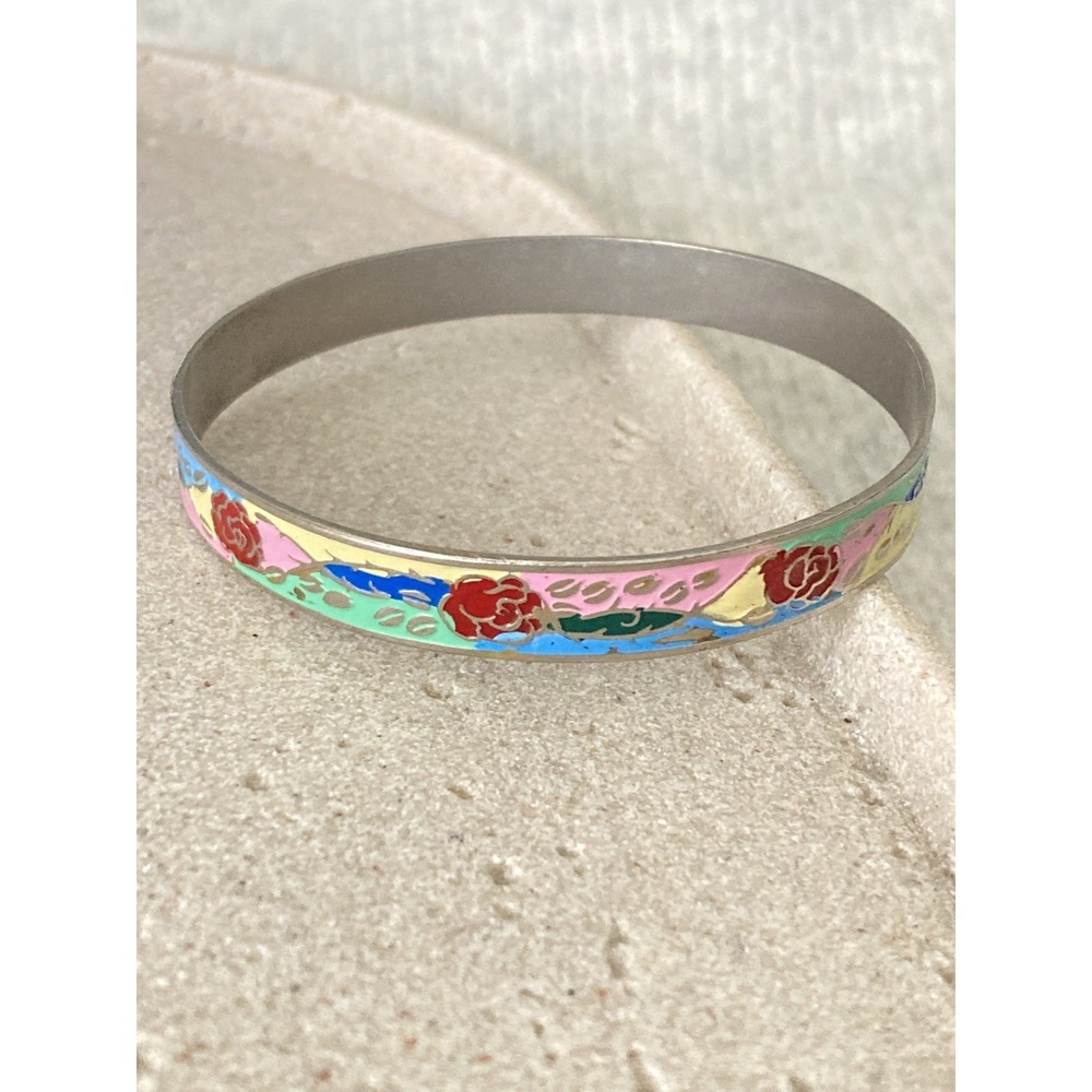 Vintage Cloisonne Style Floral Bangle Bracelet Silver Tone Enamel Roses Floral